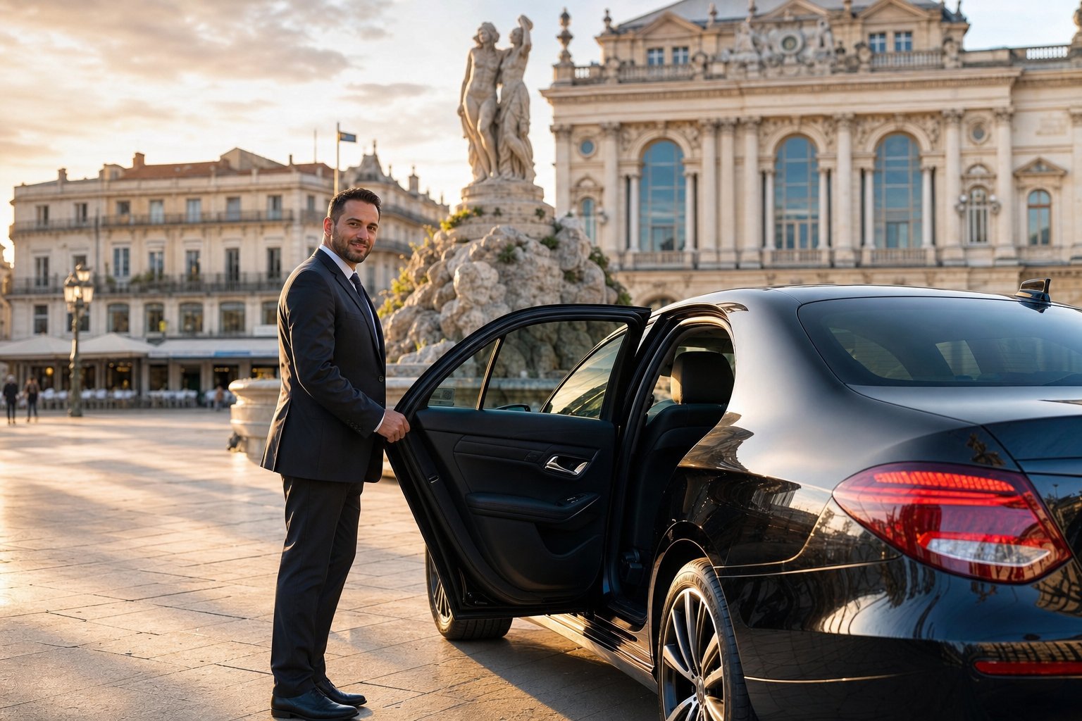 Chauffeur VTC professionnel à Montpellier devant la place de la Comédie et la fontaine des Trois Grâces