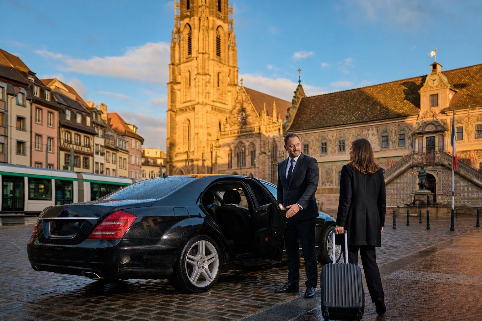 Chauffeur VTC et berline noire place de la Réunion à Mulhouse, devant le Temple Saint-Étienne et l’ancien hôtel de ville