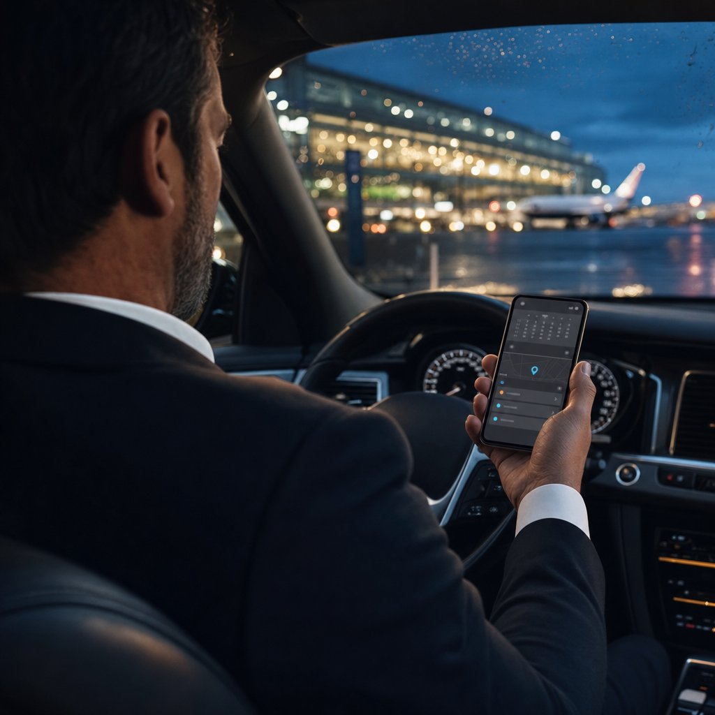 Chauffeur VTC de Mulhouse consultant les réservations en ligne de son site internet devant le terminal de l’EuroAirport Bâle-Mulhouse