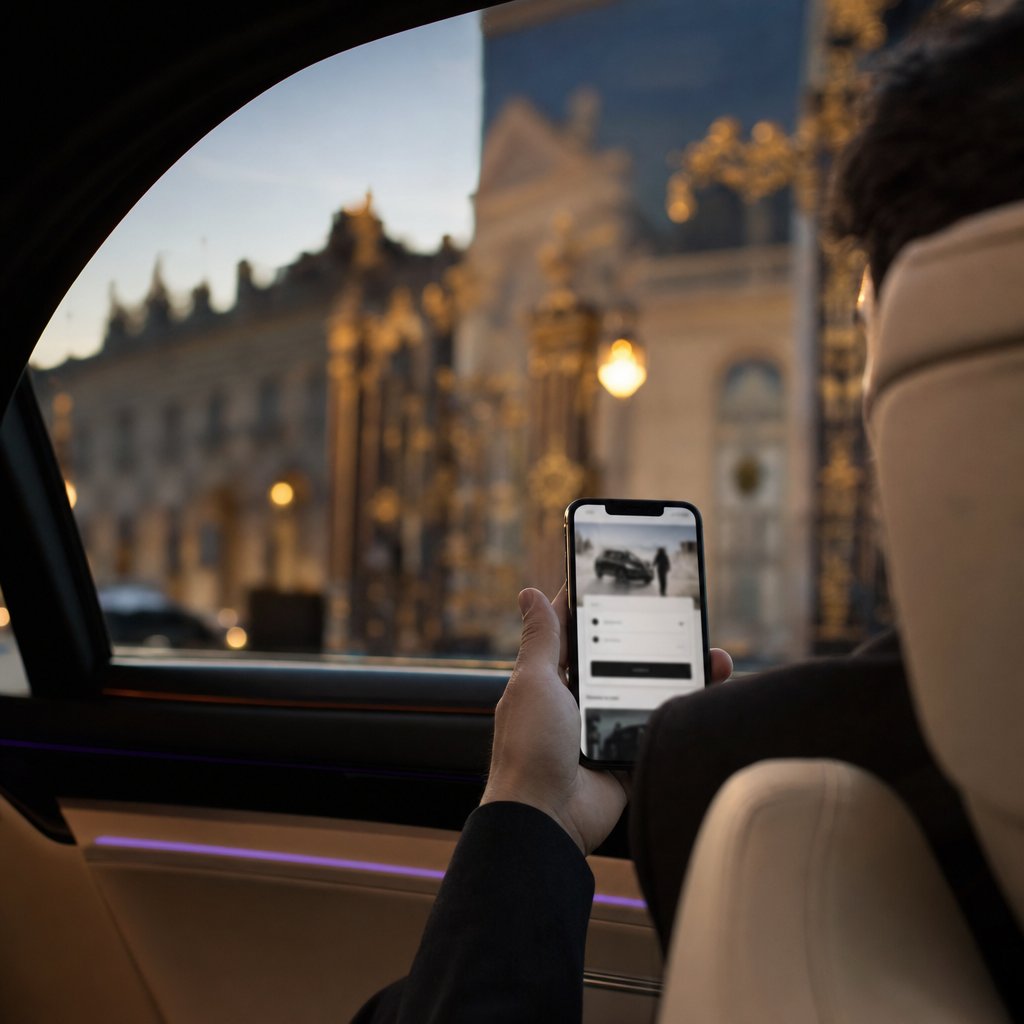 Réservation en ligne d’un VTC depuis un smartphone, devant les grilles dorées de la place Stanislas à Nancy
