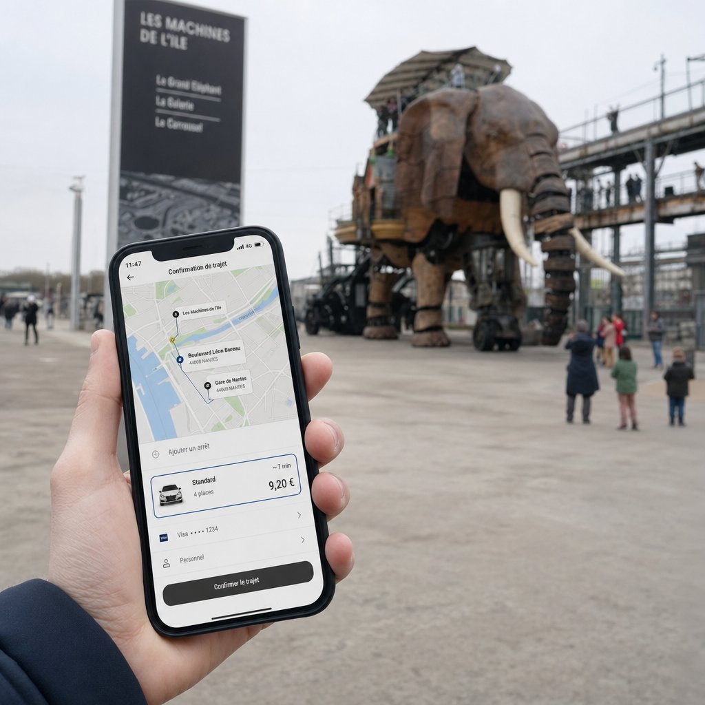 Réservation en ligne depuis un véhicule VTC près de l'Île de Nantes