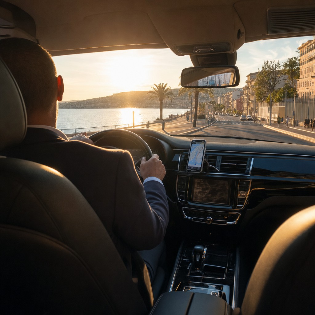 Réservation en ligne depuis un véhicule VTC face à la Promenade des Anglais et la Baie des Anges à Nice