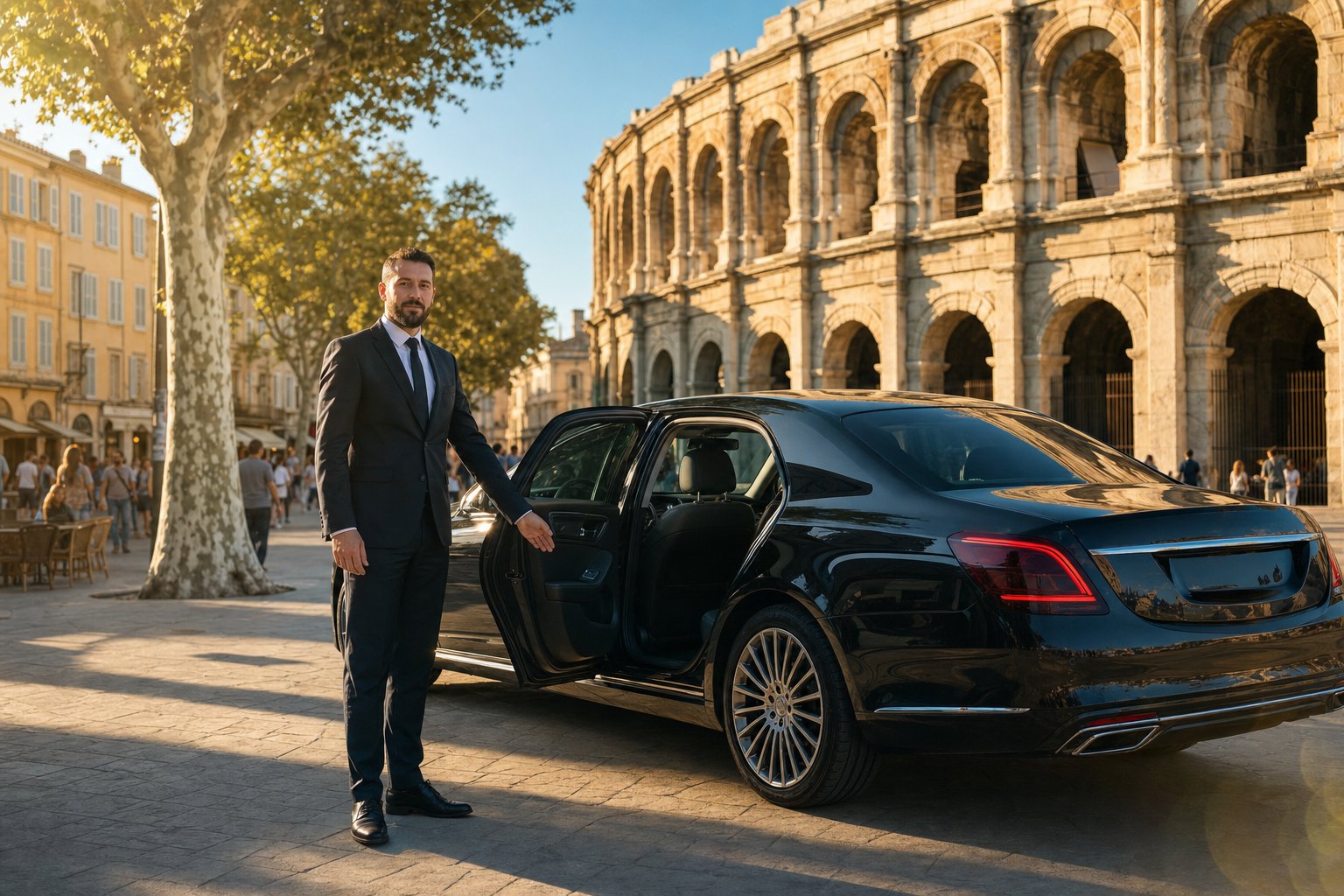Chauffeur VTC à Nîmes ouvrant la portière d’une berline noire sur une esplanade bordée de platanes, devant les arcades des arènes romaines
