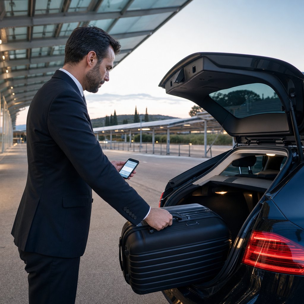 Chauffeur VTC nîmois chargeant une valise et consultant les réservations de son site internet devant une gare TGV du Gard à l’aube