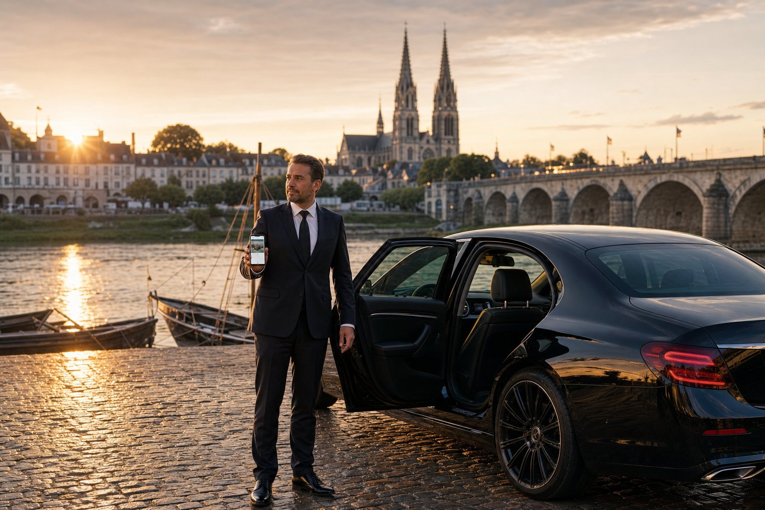 Chauffeur VTC et berline haut de gamme sur les quais de la Loire à Orléans, face à la cathédrale Sainte-Croix