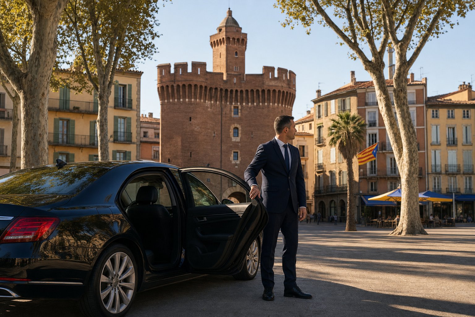 Chauffeur VTC à Perpignan ouvrant la portière d’une berline noire sur une place bordée de platanes, devant une tour catalane en brique rouge