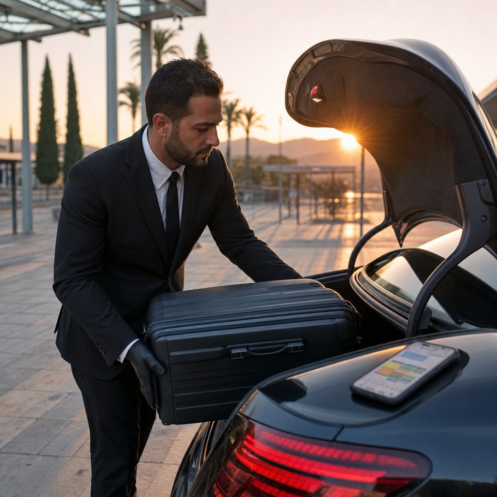 Chauffeur VTC catalan chargeant une valise dans le coffre d’une berline noire devant une gare du Roussillon au lever du jour