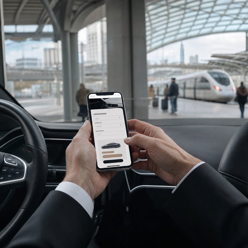 Chauffeur VTC à Poitiers consultant les réservations en ligne de son site internet devant le parvis de la gare TGV