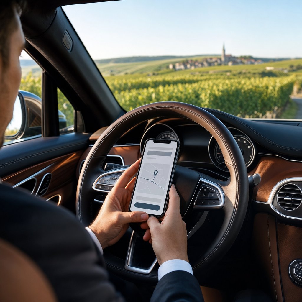 Chauffeur VTC à Reims consultant les réservations en ligne de son site internet devant les vignes de Champagne