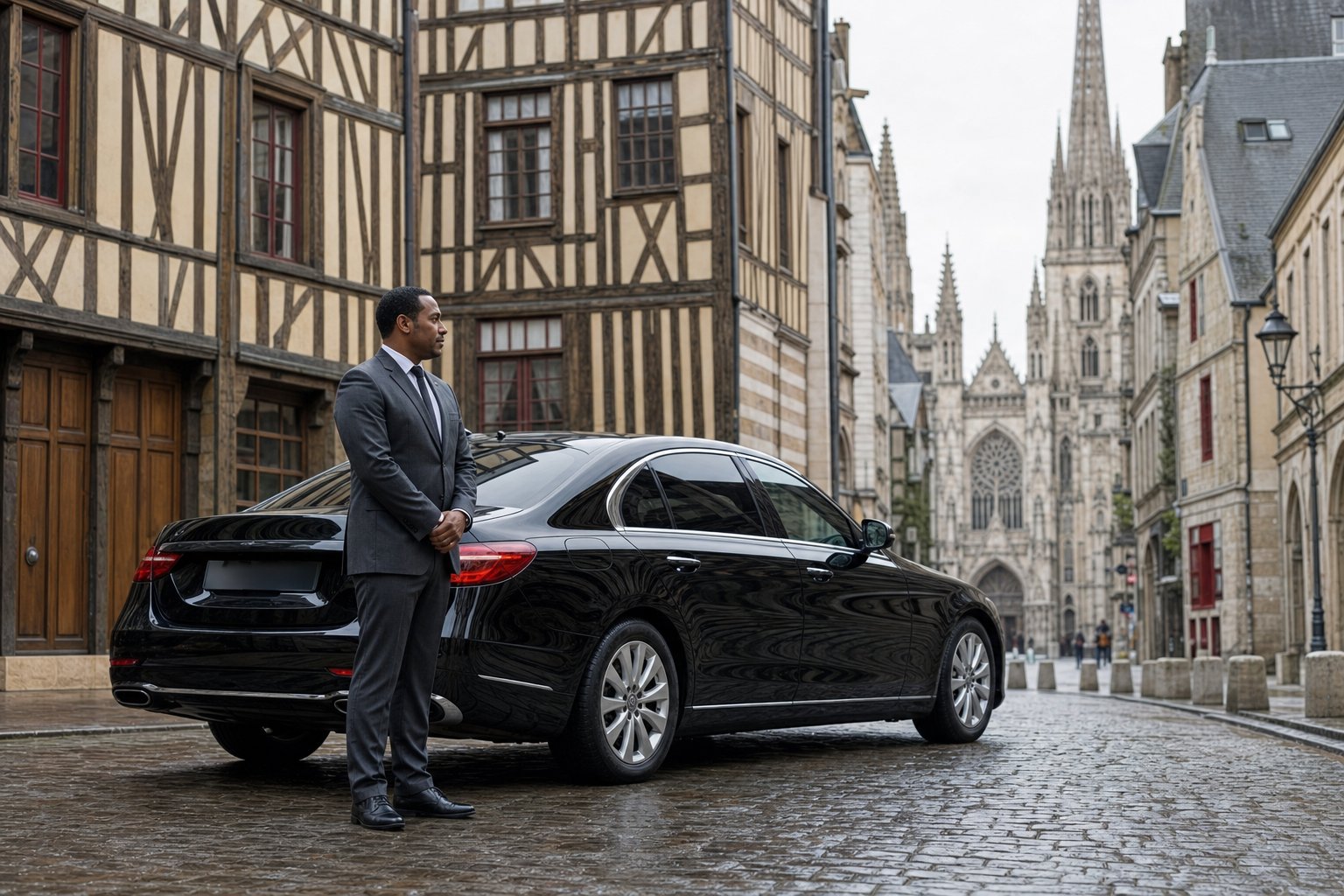 Chauffeur VTC et berline haut de gamme dans le centre historique de Rouen, devant les maisons à pans de bois et la cathédrale Notre-Dame