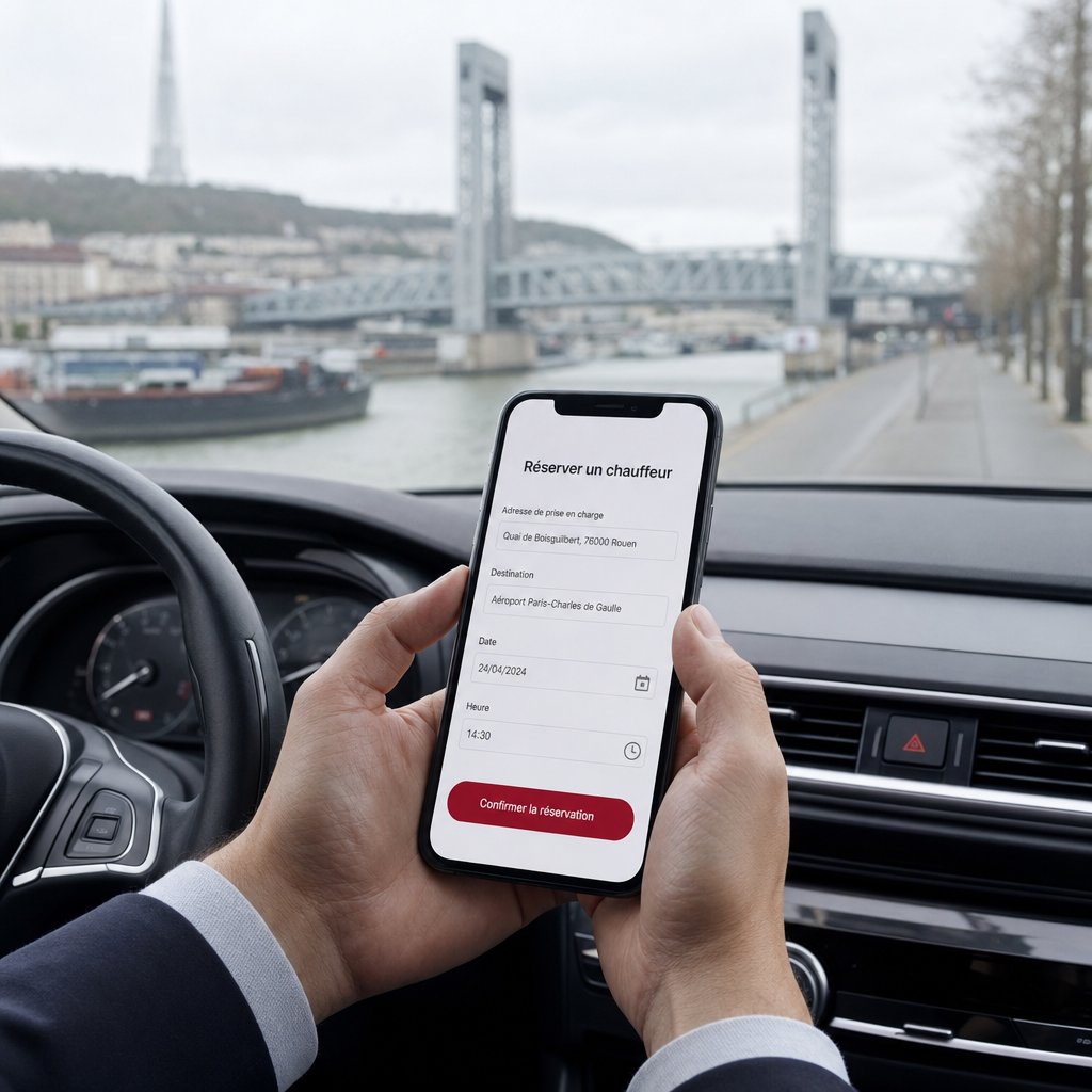 Chauffeur VTC à Rouen consultant les réservations en ligne de son site internet, quais de Seine et pont levant en arrière-plan