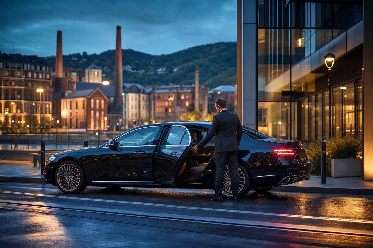 Chauffeur VTC à Saint-Étienne devant un immeuble du quartier d’affaires, cheminées industrielles et collines du Pilat en arrière-plan