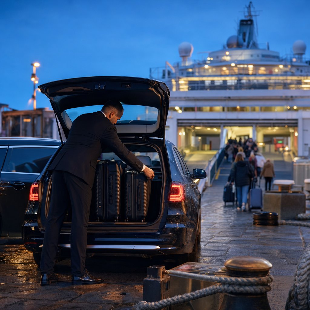 Chauffeur VTC chargeant des valises dans le coffre d’un véhicule sur le quai d’un terminal ferry breton à la tombée de la nuit