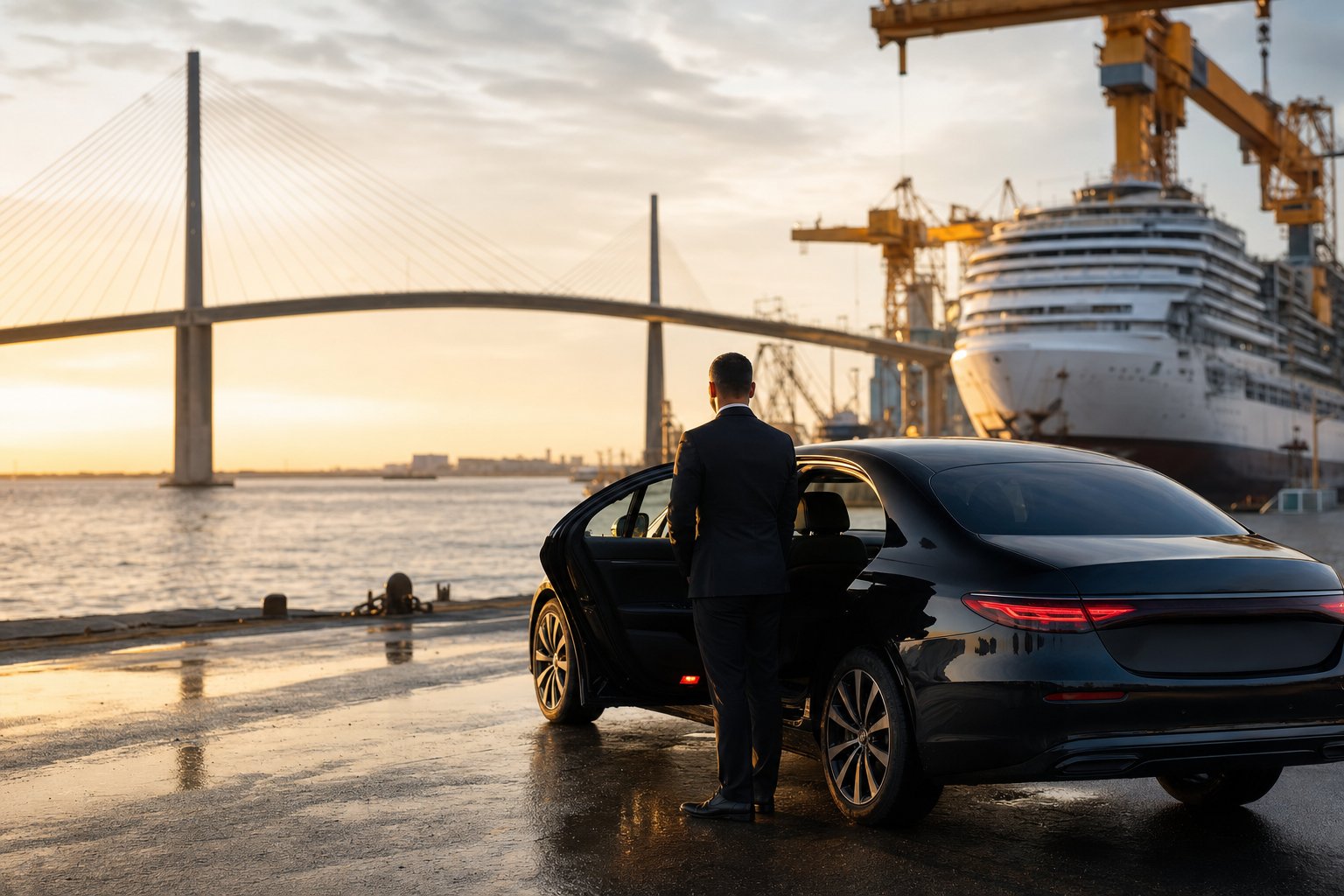 Chauffeur VTC en costume près d’une berline noire sur les quais du port de Saint-Nazaire, le pont de Saint-Nazaire et un paquebot en construction en arrière-plan