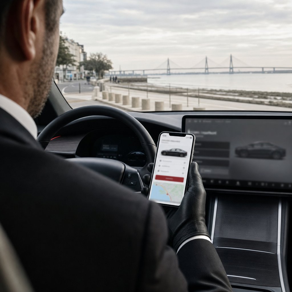Chauffeur VTC au volant consultant le site de réservation de son activité sur son téléphone, le front de mer de Saint-Nazaire et le pont sur l’estuaire flous en arrière-plan