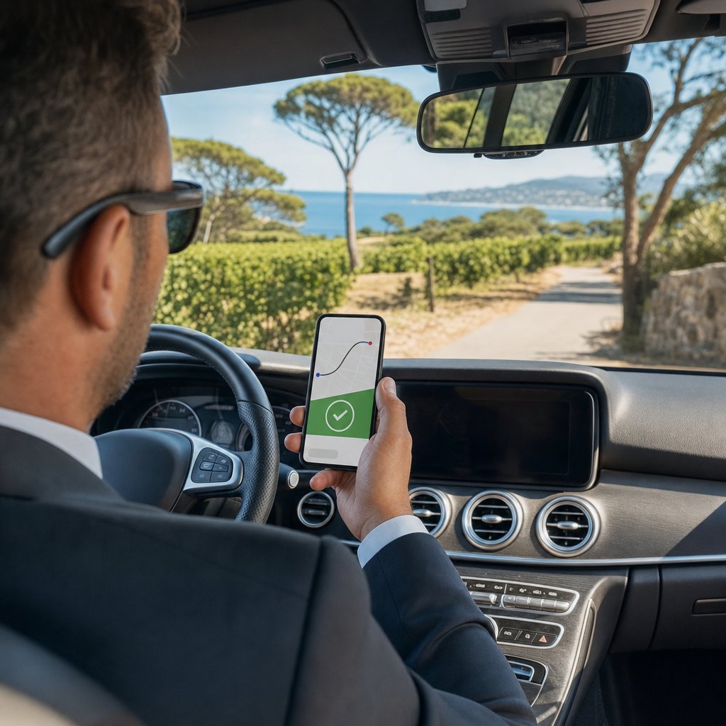 Chauffeur VTC vérifiant une réservation confirmée sur son téléphone, sur une route bordée de pins parasols au-dessus des vignes de Ramatuelle