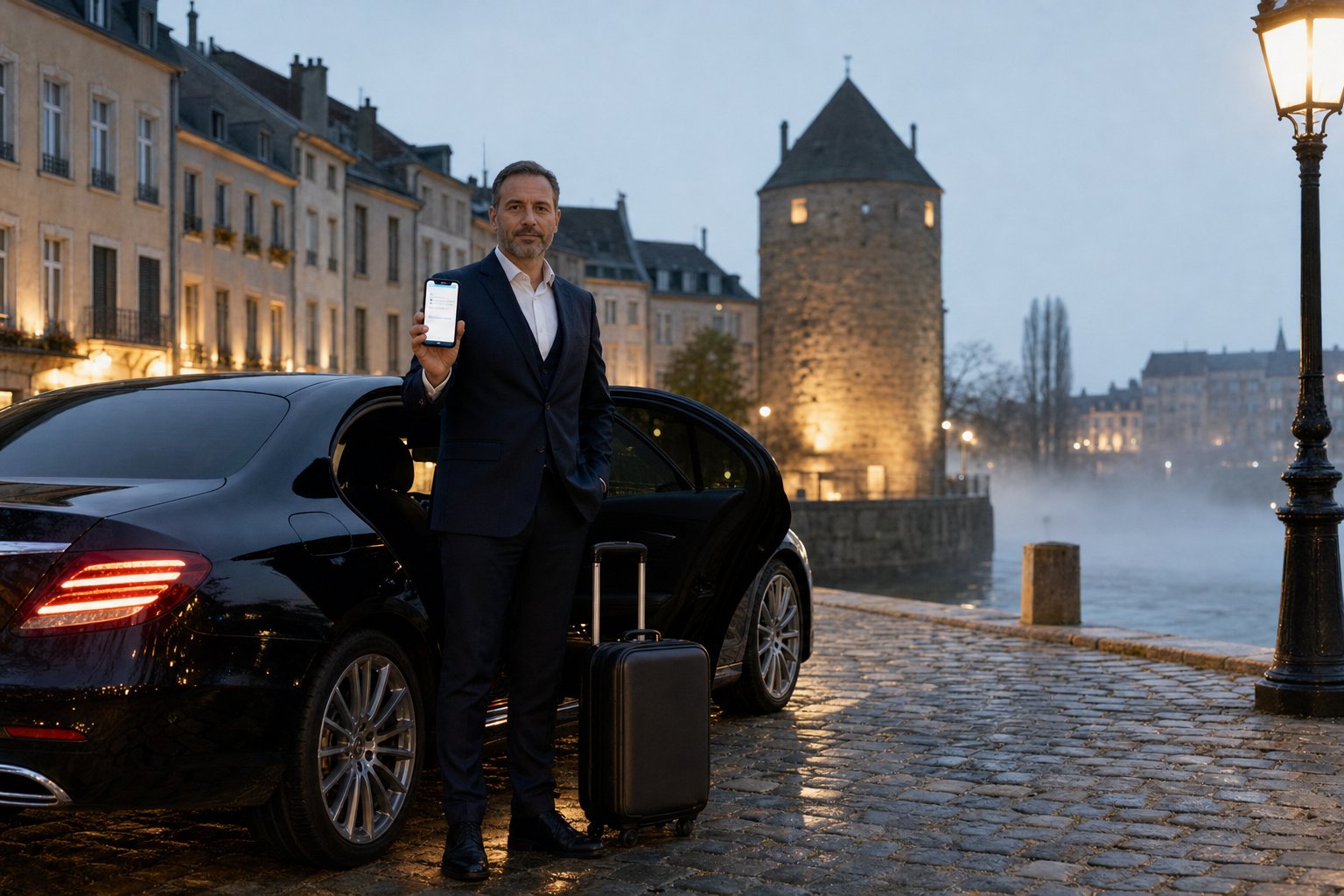 Chauffeur VTC en costume tenant son téléphone devant une berline noire sur un quai de la Moselle à Thionville, la Tour aux Puces en arrière-plan à l’aube