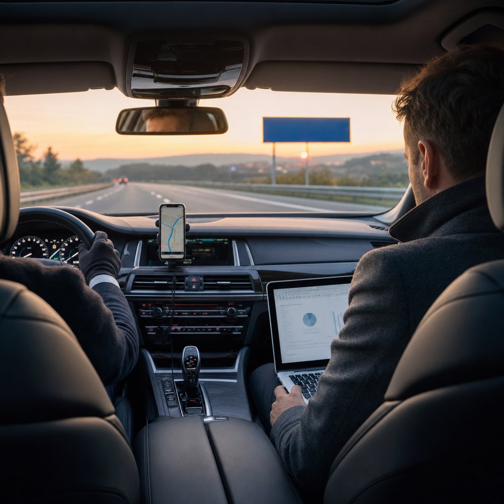 Passager d’affaires travaillant sur son ordinateur à bord d’une berline VTC sur l’autoroute vers le Luxembourg, au lever du soleil