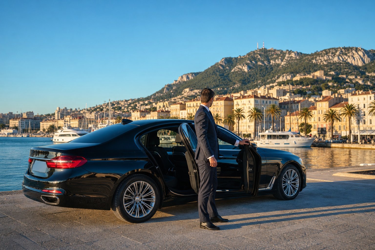 Chauffeur VTC et berline haut de gamme sur le front de mer de Toulon, dans le Var
