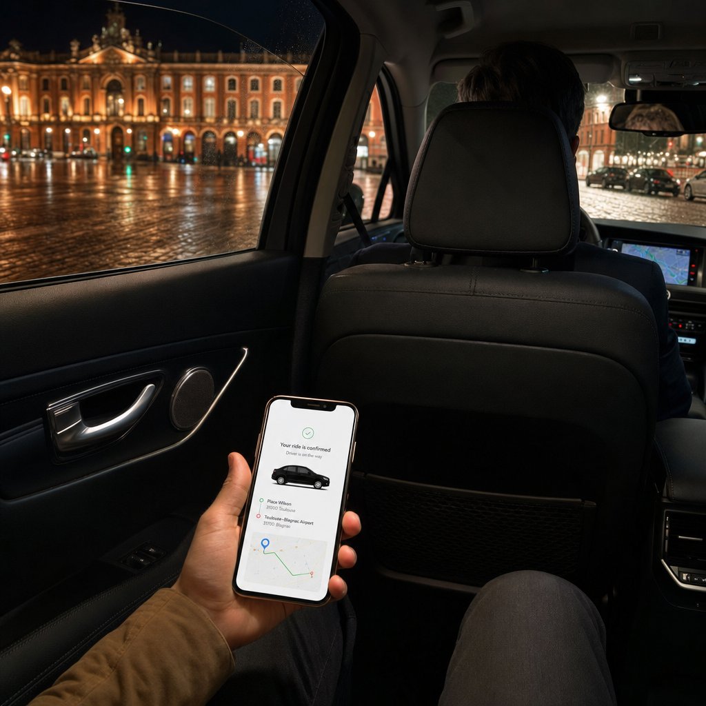 Réservation en ligne depuis un véhicule VTC dans les rues en brique de la Ville Rose à Toulouse
