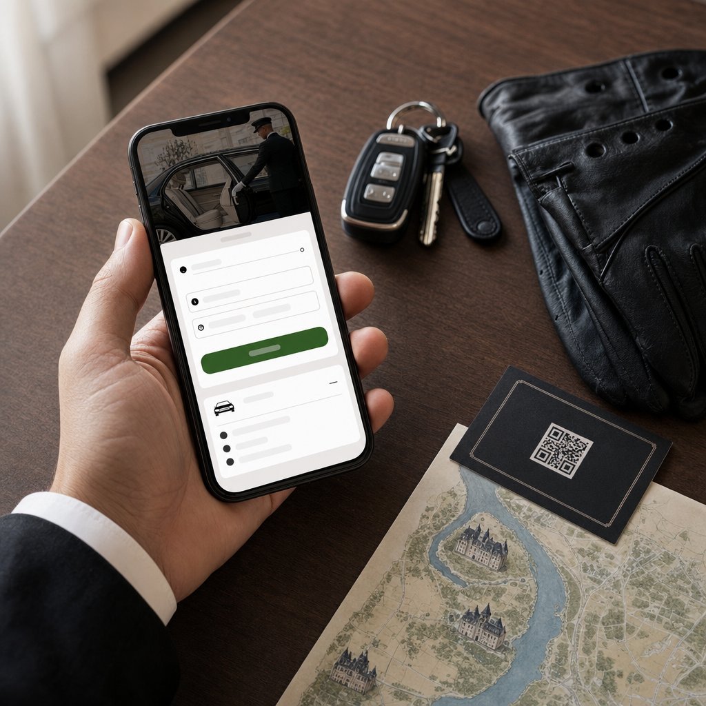 Chauffeur VTC de Tours consultant les réservations en ligne de son site internet, clés et carte de visite à QR code