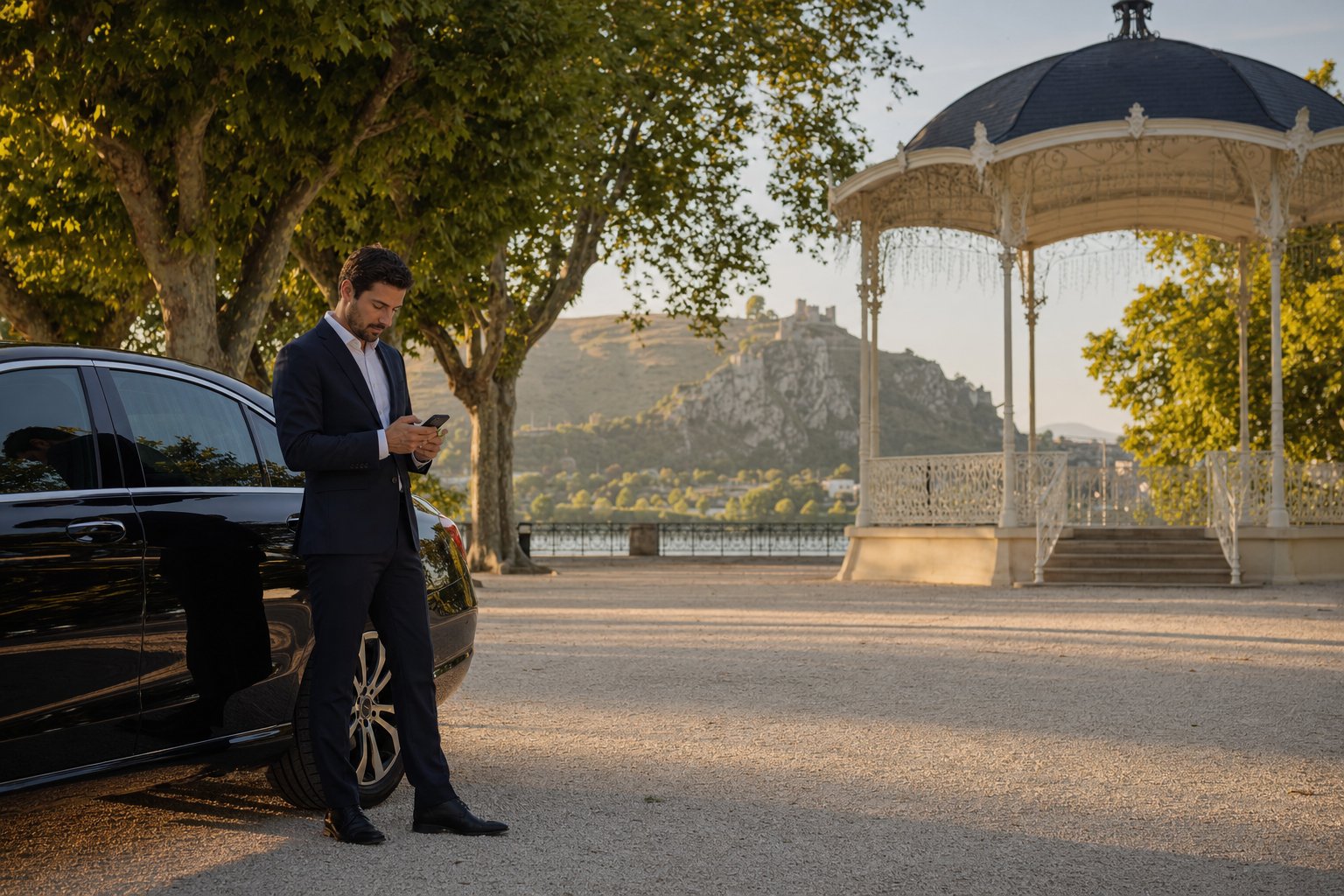 Chauffeur VTC en costume consultant une réservation sur son téléphone devant une berline noire, sur le Champ de Mars de Valence près du kiosque Peynet, le château de Crussol au loin sur la rive ardéchoise du Rhône
