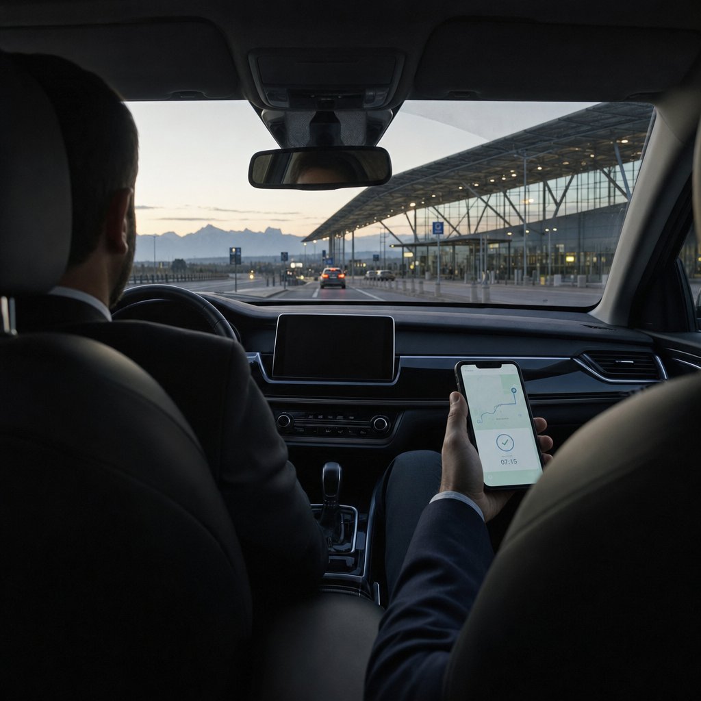 Vue depuis la banquette arrière d’une berline VTC arrivant à l’aube devant une gare TGV à grande verrière dans la campagne de la vallée du Rhône, un passager tenant son téléphone avec sa confirmation de réservation, le Vercors à l’horizon