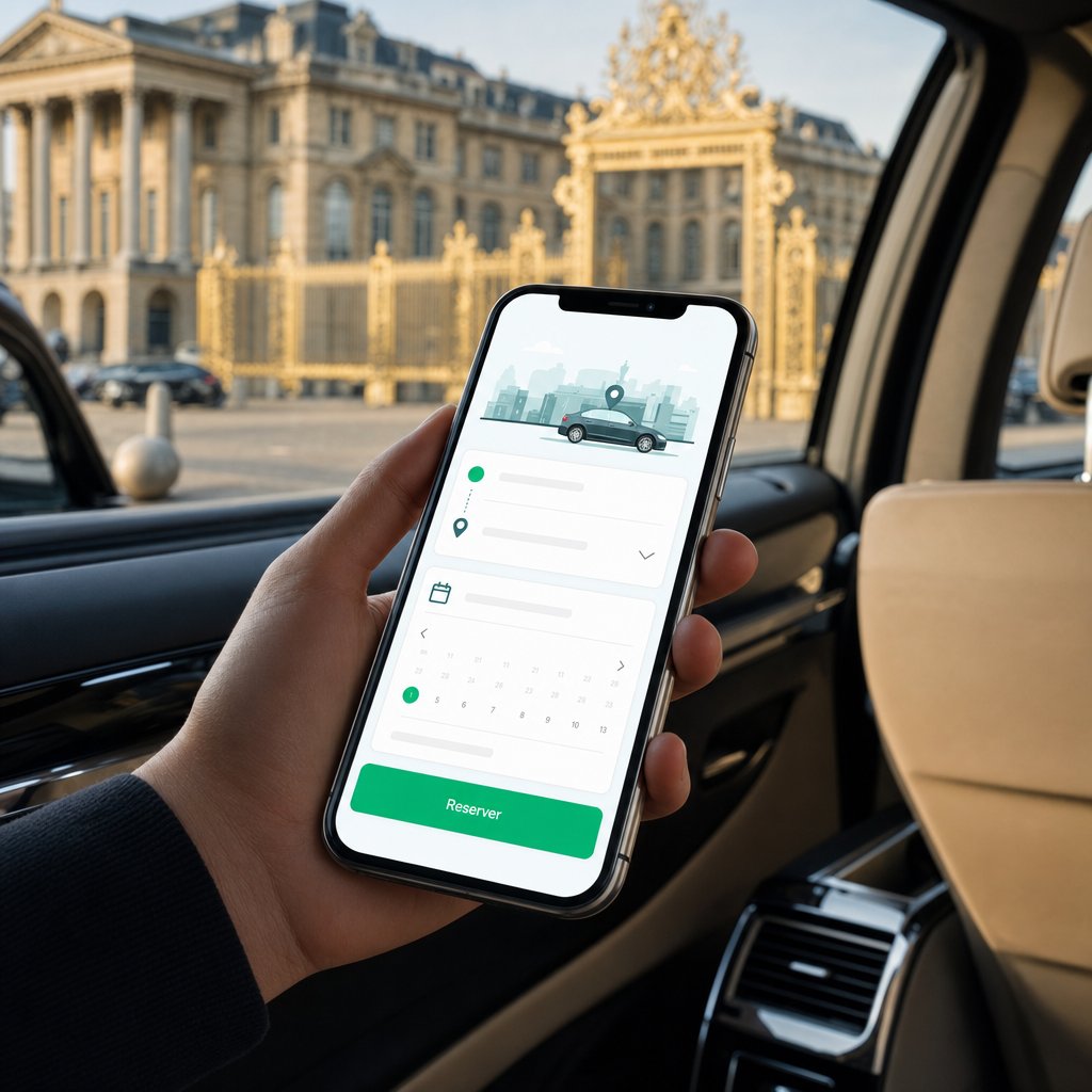 Passager réservant un VTC en ligne depuis la banquette arrière d’une berline à Versailles, formulaire de réservation affiché sur smartphone