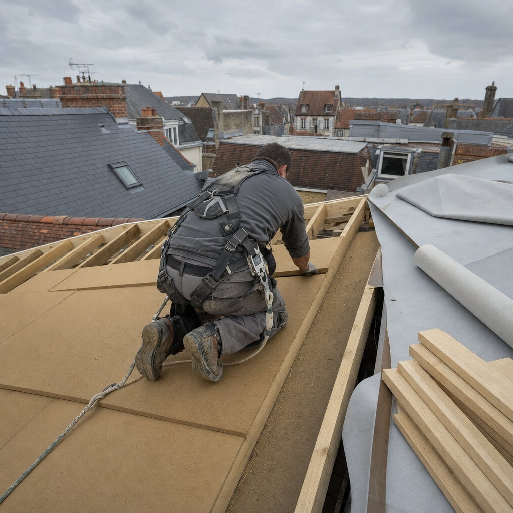 Examen RGE : artisan couvreur qui contrôle la pose d'un isolant et d'un écran de sous-toiture sur un chantier de rénovation énergétique