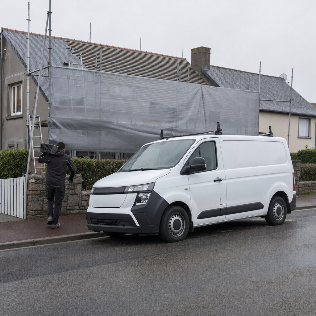 Utilitaire de couvreur stationné devant un chantier de toiture avec échafaudage - publicité couvreur et visibilité locale