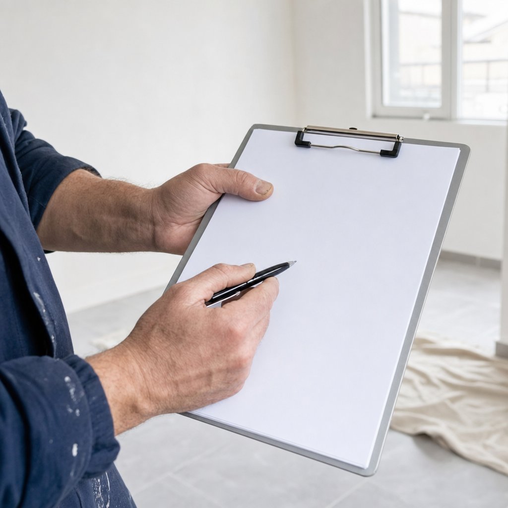 Artisan du bâtiment remplissant un PV de réception de travaux sur un chantier terminé