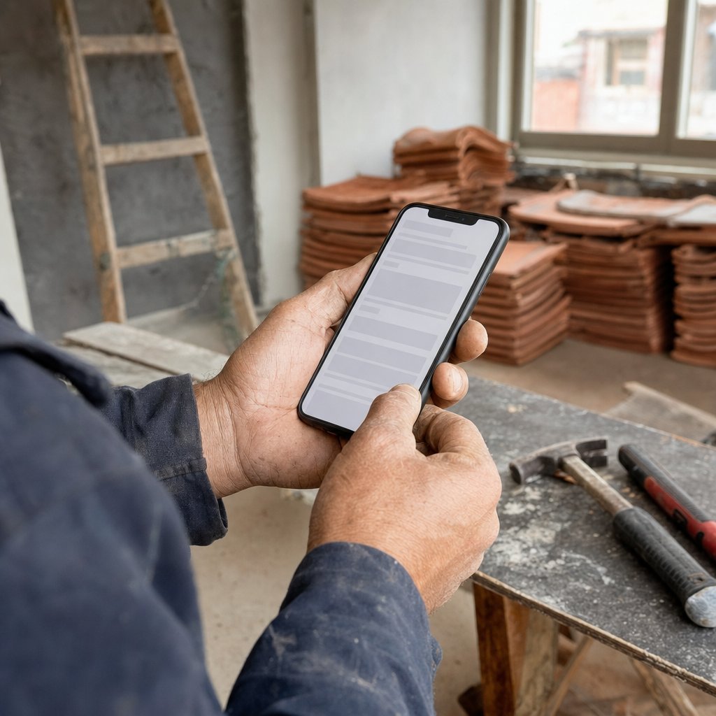 Mains d'un couvreur consultant une recherche sur smartphone sur un chantier de toiture - visibilité couvreur sur Google et les IA 2026
