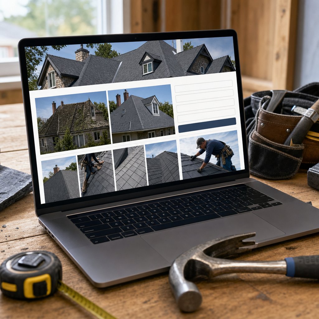 Couvreur consultant les statistiques de son site web professionnel sur une tablette entre deux chantiers