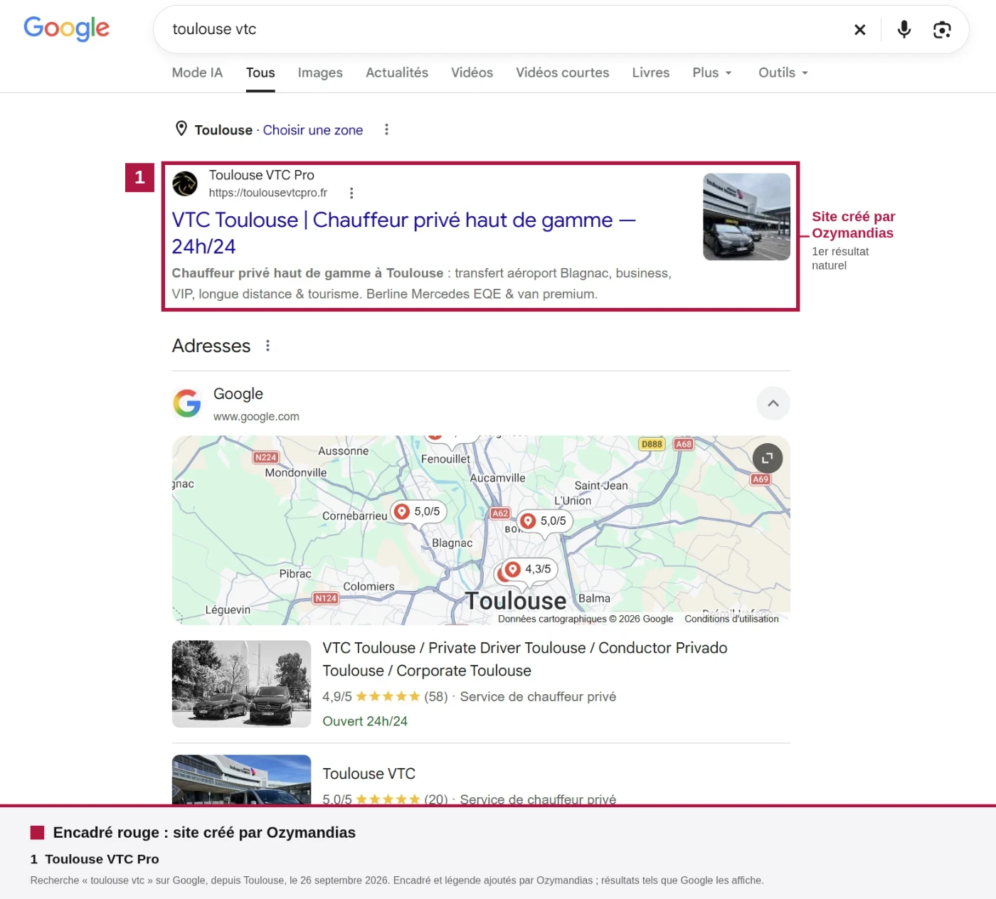 Résultats Google pour « toulouse vtc » le 26 septembre 2026, encadré en rouge : Toulouse VTC Pro en premier résultat naturel