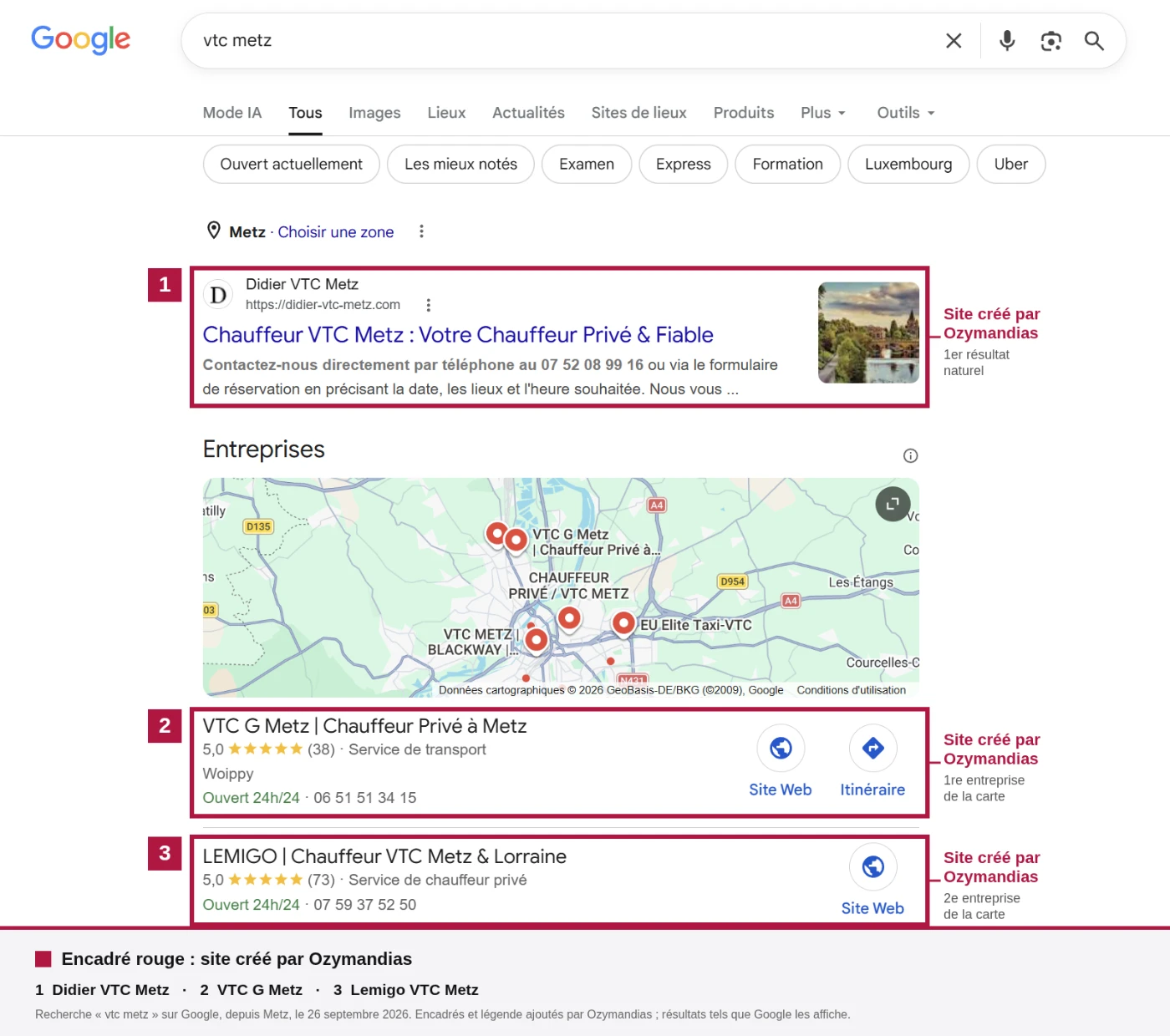 « VTC Metz » sur Google : trois chauffeurs en tête, trois sites créés par Ozymandias