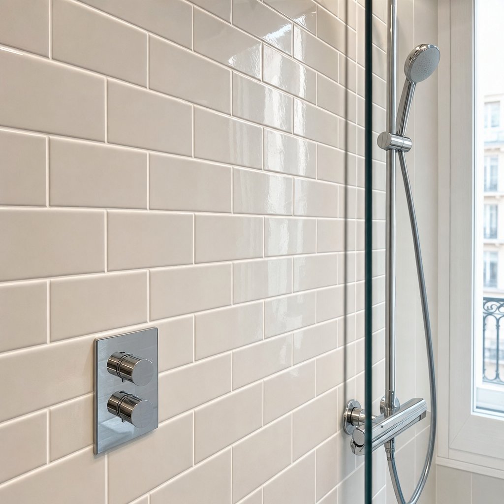 Carreleur professionnel posant du carrelage dans une salle de bain moderne — exemple de realisation a mettre en valeur sur son site web