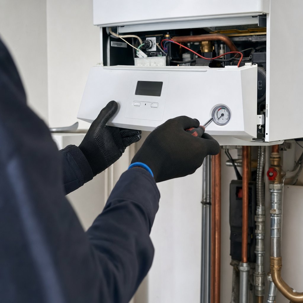 Chauffagiste réalisant l'entretien d'une chaudière à condensation, illustration site internet chauffagiste pour attirer des chantiers