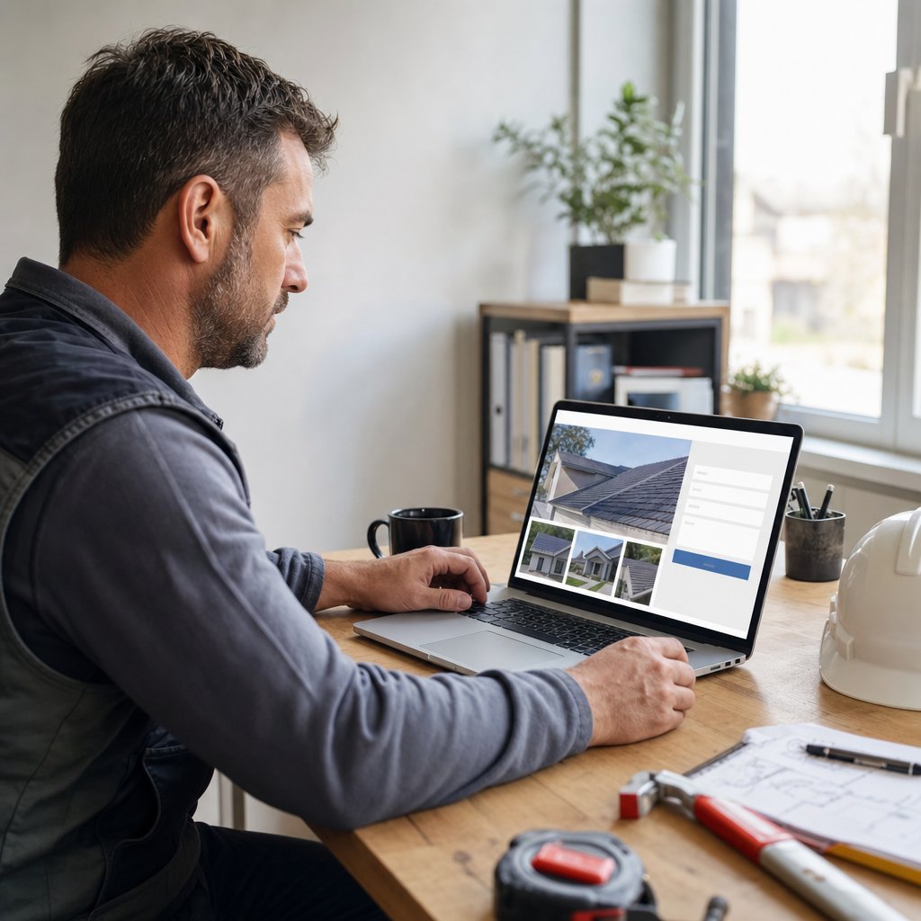 Couvreur consultant son tableau de bord de devis en ligne sur une tablette — ROI site internet couvreur
