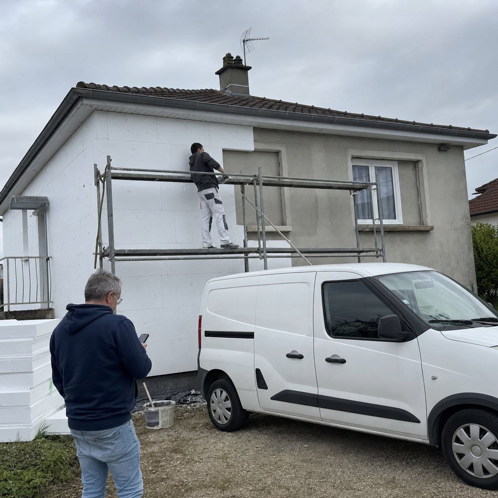 Chantier d'isolation thermique par l'exterieur d'une maison, avec un proprietaire qui consulte le site internet de l'entreprise d'isolation sur son telephone