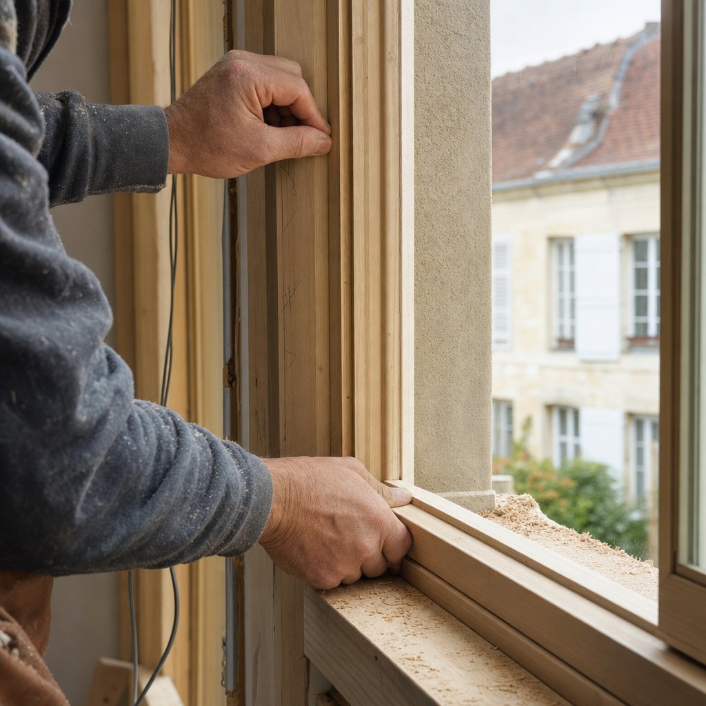Menuisier professionnel travaillant sur un chantier d'agencement sur mesure