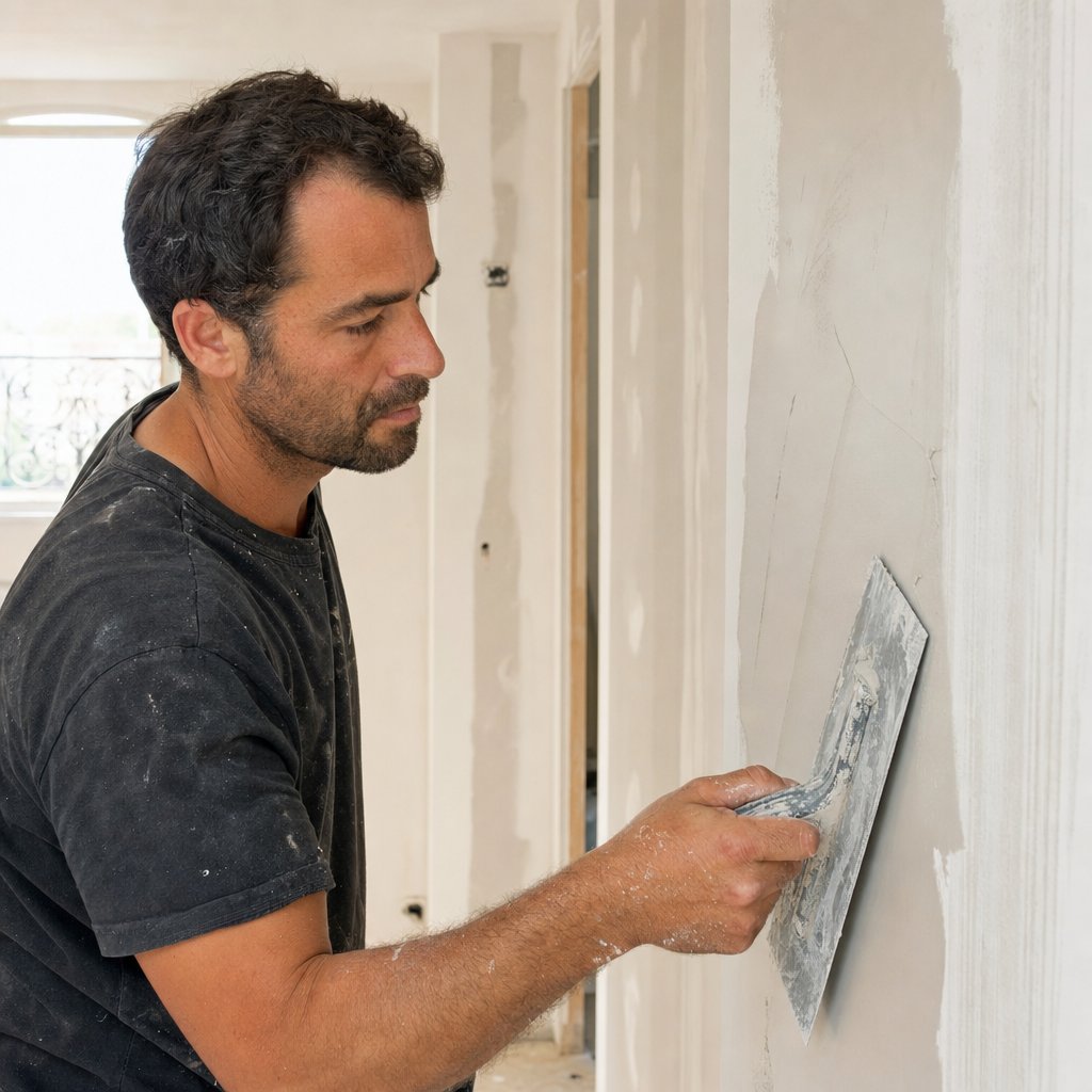 Plaquiste professionnel posant des plaques de platre dans une maison en renovation — exemple de realisation a valoriser sur son site web