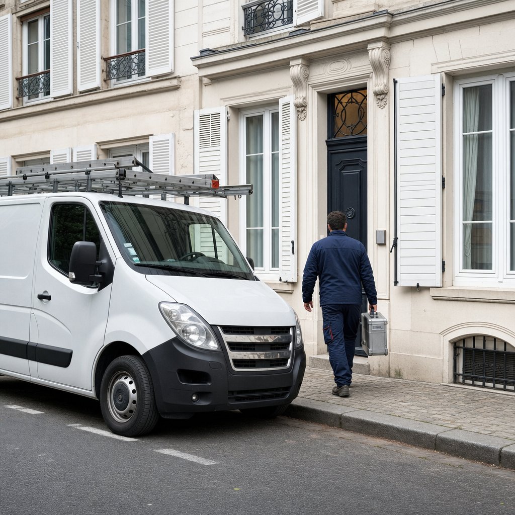 Camion de plombier artisan devant un chantier — site internet plombier qui capte les urgences et génère des devis