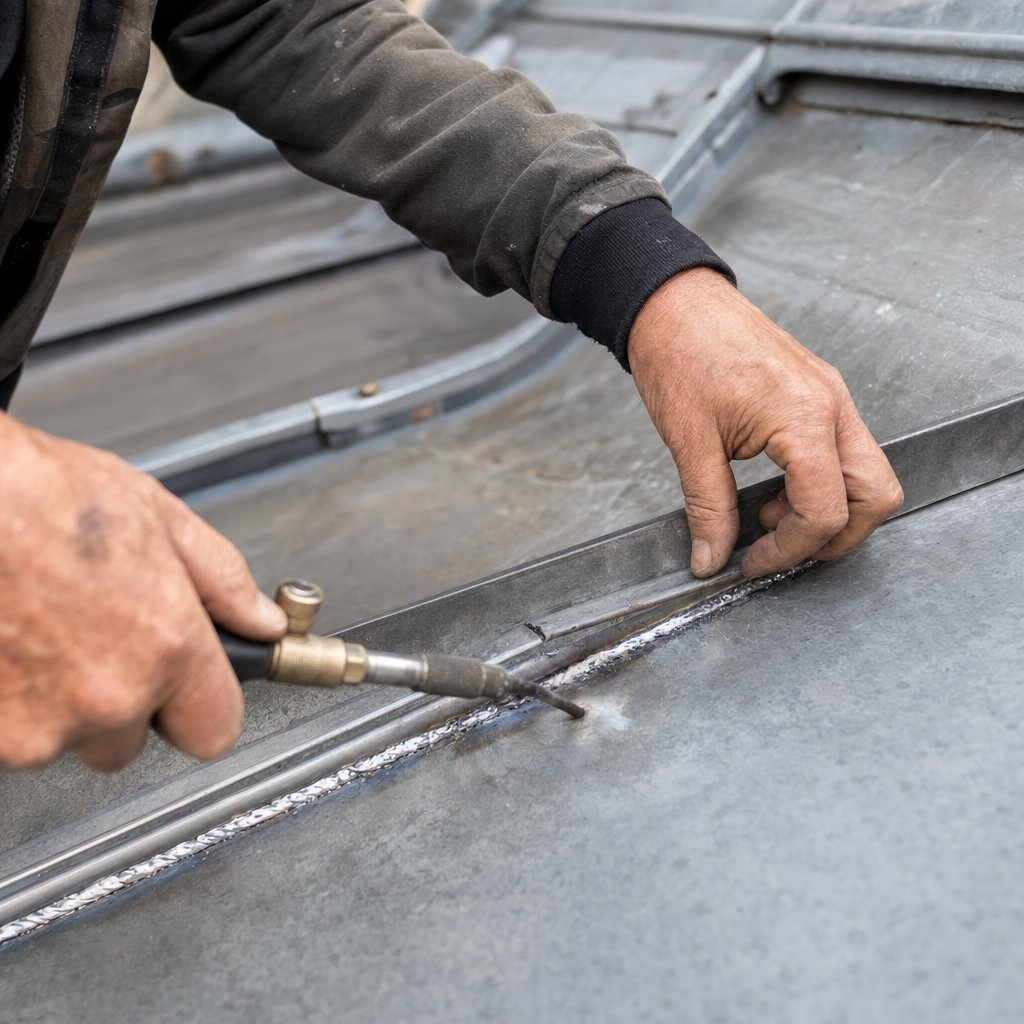 Artisan zingueur realisant un travail de zinguerie fine sur une lucarne en zinc - expertise couverture haut de gamme