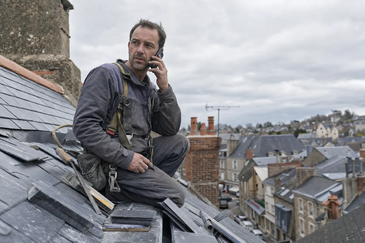 Un couvreur prend un appel sur un toit d’ardoise, au milieu de son chantier