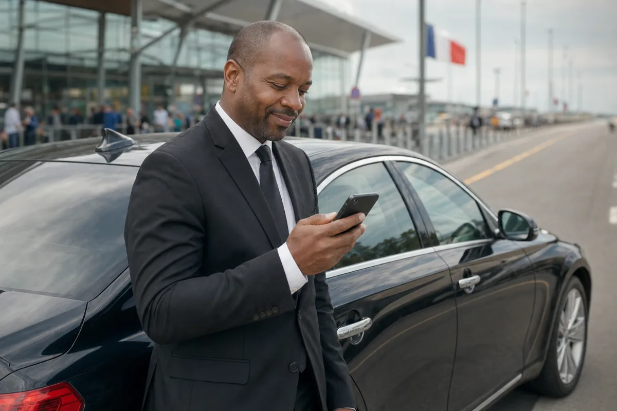 Un chauffeur privé lit une nouvelle réservation sur son téléphone, devant sa berline, à l’aéroport
