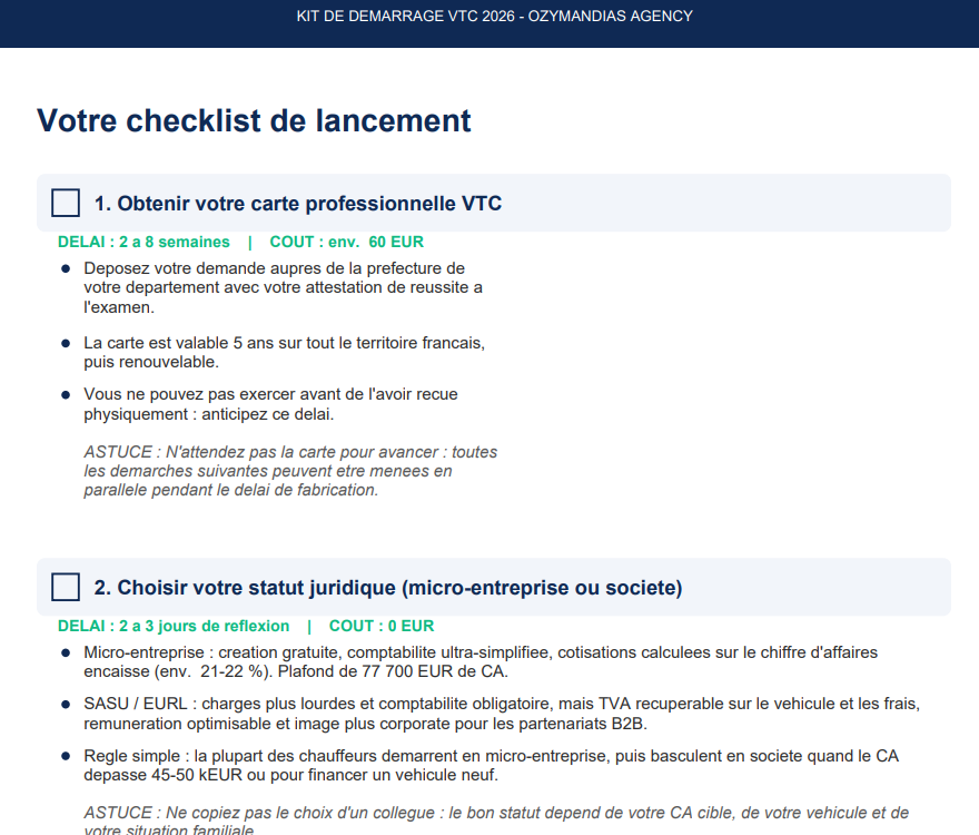 Checklist de lancement VTC du kit PDF : carte professionnelle et statut juridique étape par étape