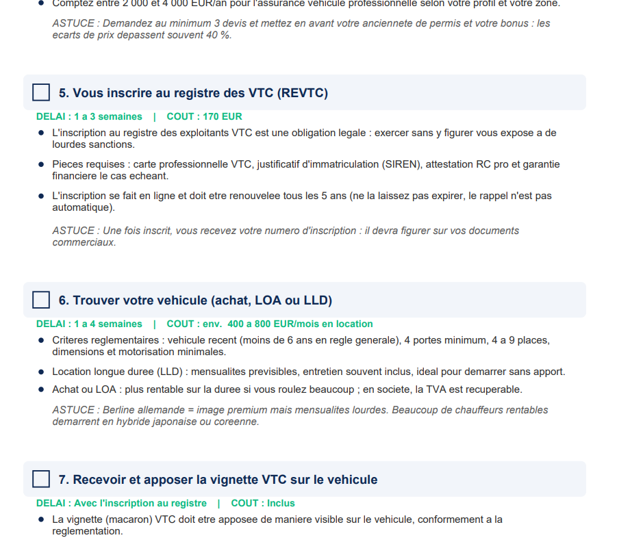 Démarches VTC détaillées du kit PDF : inscription au registre REVTC, véhicule et vignette