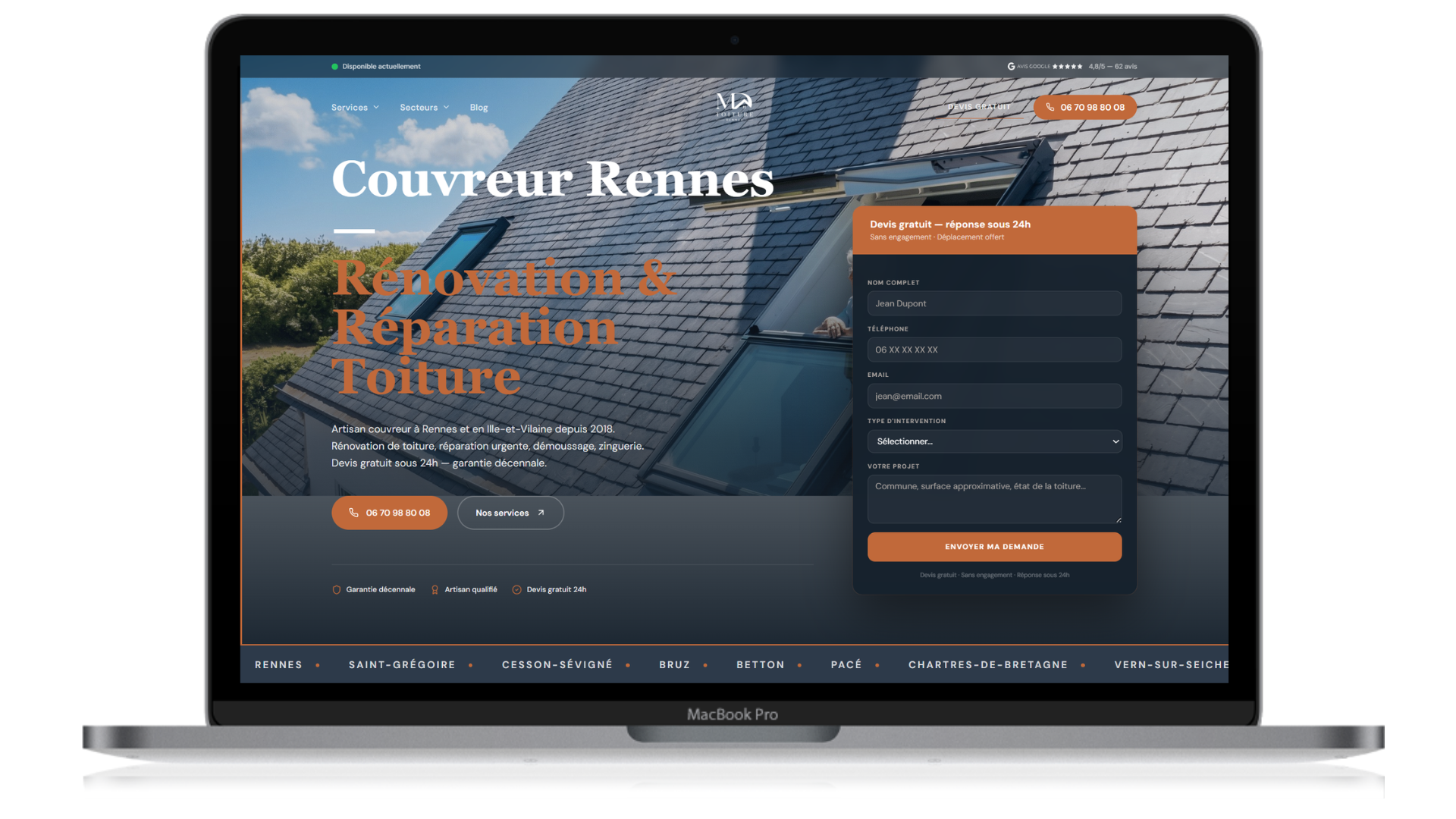 MD Toiture — mockup MacBook Pro, site couvreur Rennes