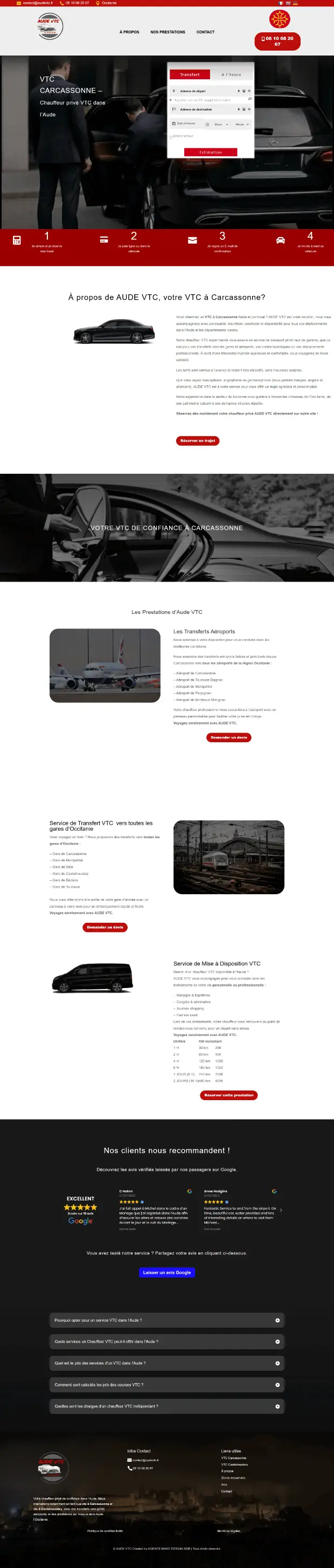 L'ancienne page d'accueil d'Aude VTC capturée en entier — toutes les prestations empilées sur une seule page