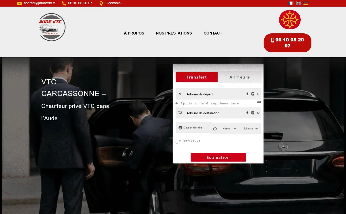 Capture de l'ancien site Aude VTC avant la refonte — module de réservation superposé au visuel d'accueil